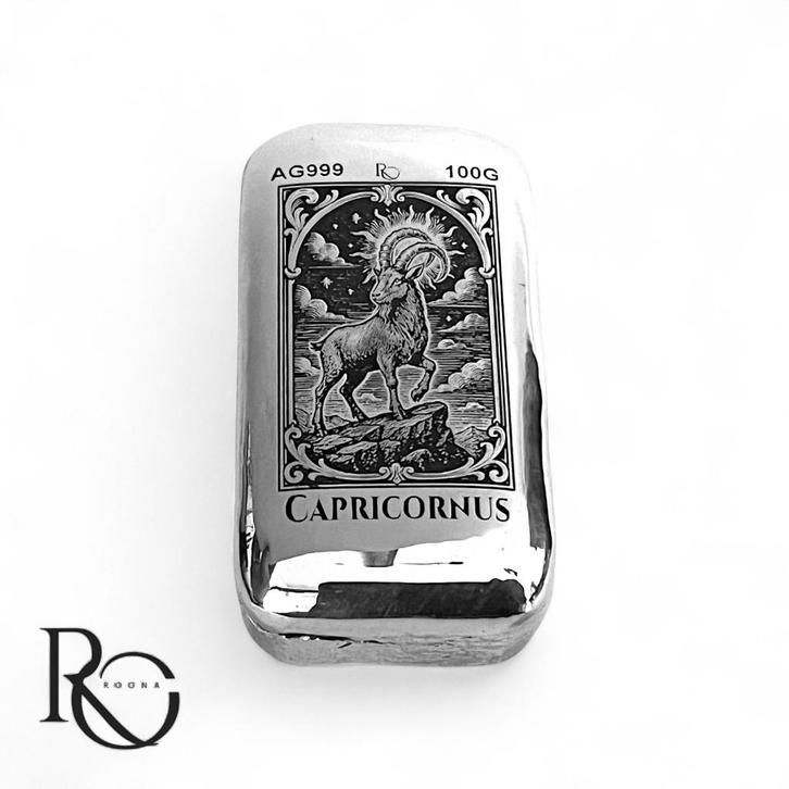 Steenbok 100 gram zilverbaar (Mytische sterrenbeeld serie), Postzegels en Munten, Edelmetalen en Baren, Zilver, Ophalen of Verzenden
