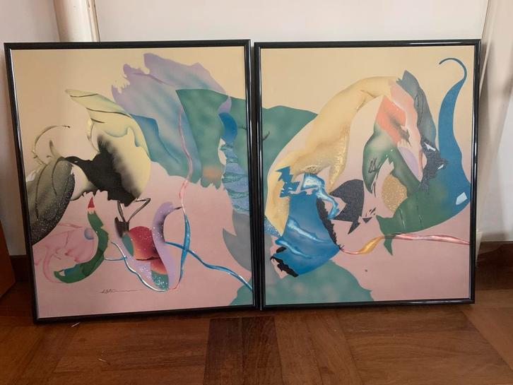 Twee abstracte schilderijen in zwarte lijsten, Antiek en Kunst, Kunst | Schilderijen | Abstract