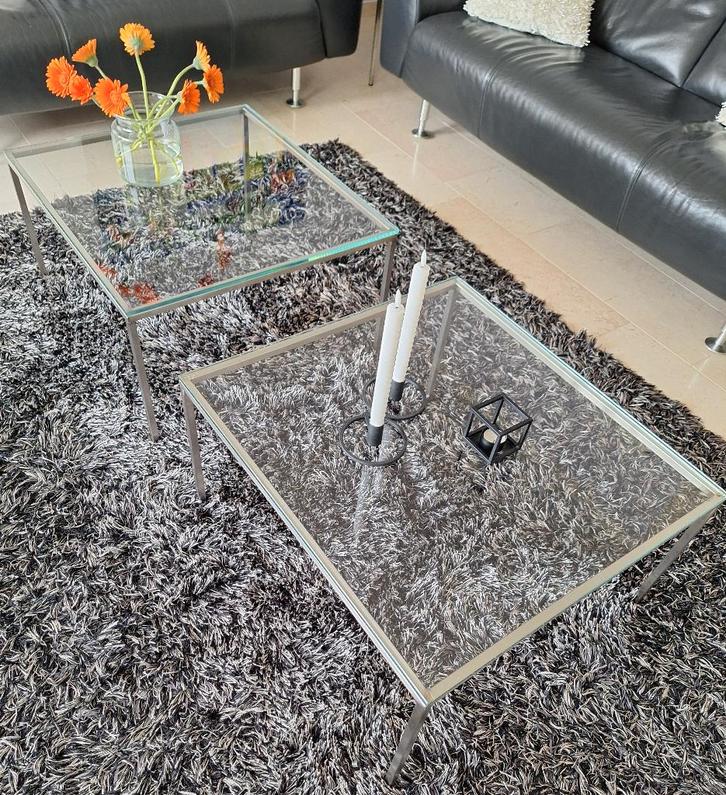 Te koop: twee mooie salontafels met rvs frame en glasplaat, Huis en Inrichting, Tafels | Salontafels, Gebruikt, Minder dan 50 cm