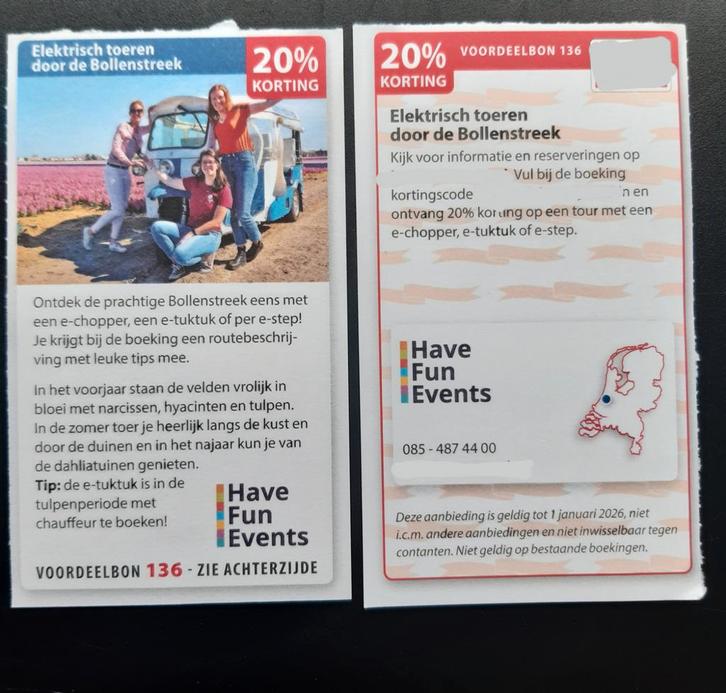 Elektrisch toeren door de Bollenstreek 20% korting, Tickets en Kaartjes, Kortingen en Cadeaubonnen