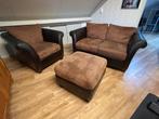 Leder/stof fauteuil, 2 zits fauteuil en poef, Stof, Gebruikt, 125 cm of meer, Klassiek
