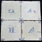 Fraai tableau van 4 antieke Delftse tegels met spelvermaak, Ophalen of Verzenden