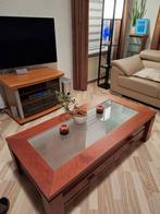 Kersenhouten salontafel met glazen plaat, Ophalen, Gebruikt, 50 tot 100 cm, 150 tot 200 cm