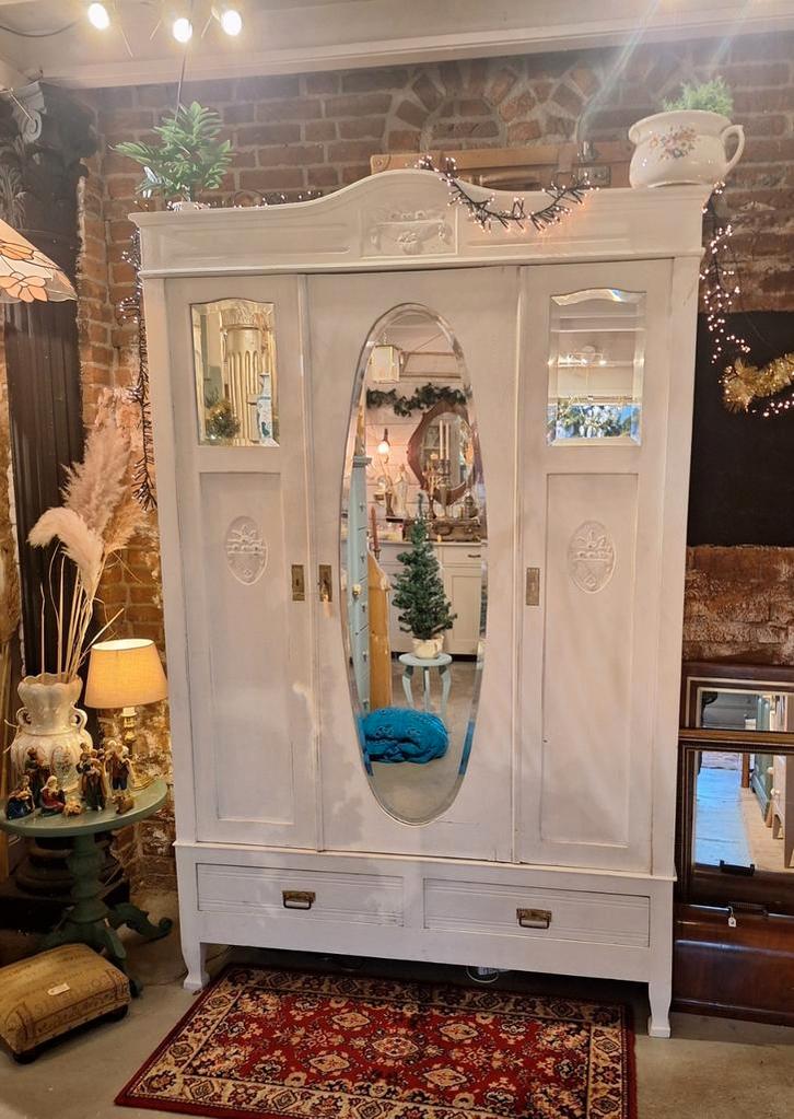 Brocante denontabele linnenkast met spiegels, Huis en Inrichting, Kasten | Kledingkasten, 200 cm of meer, 50 tot 75 cm, Glas, Ophalen
