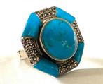 Vintage zilveren verstelbare ring met turquoise, Sieraden, Tassen en Uiterlijk, Ringen, Gebruikt, Verzenden, Kleiner dan 17, Met edelsteen