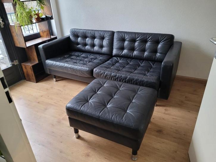 Leren bank (incl. hocker)  IKEA, LANDSKRONA, Huis en Inrichting, Banken | Bankstellen, Zo goed als nieuw, Rechte bank, Driepersoons