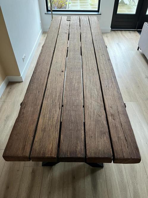 vintage eettafel wagonhout robuuste tafel kruisvoet 300x92, Antiek en Kunst, Antiek | Meubels | Tafels, Ophalen of Verzenden