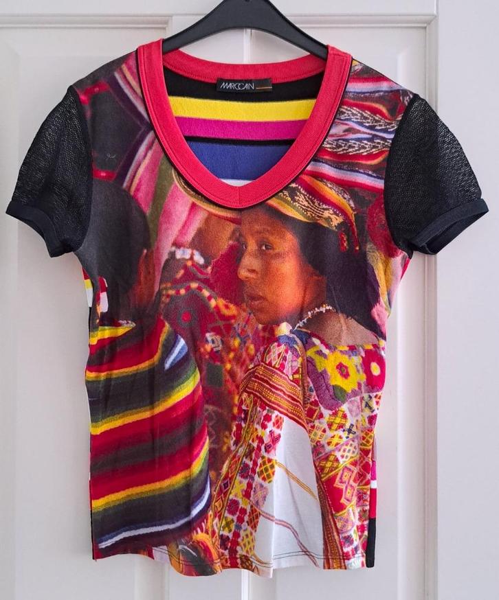 MarcCain marc cain kleurrijk shirt + gaas mouw N3 M 45302, Kleding | Dames, T-shirts, Zo goed als nieuw, Maat 38/40 (M), Rood