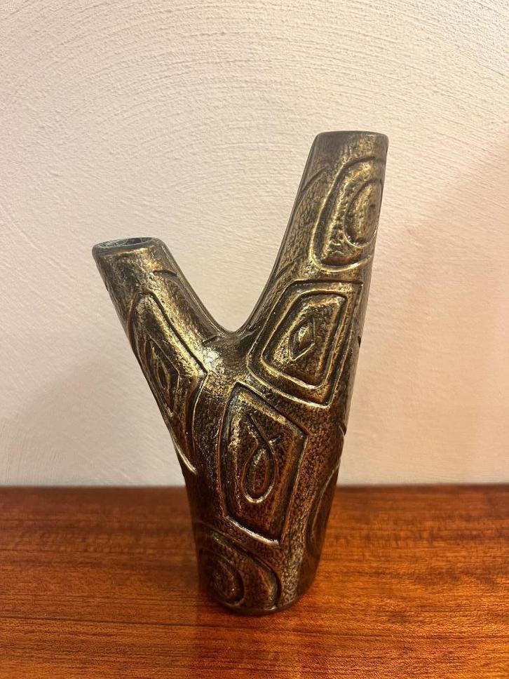 Design vaasje, Vintage, Sonja Katzin, Messing, 1960's Zweden, Huis en Inrichting, Woonaccessoires | Vazen, Gebruikt, Overige kleuren