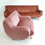 Retro bank en fauteuil nieuw gestoffeerd roze terracotta rib, Stof, Ophalen of Verzenden, 75 tot 100 cm, Zo goed als nieuw