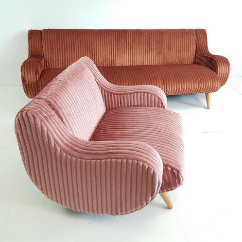 Retro bank en fauteuil nieuw gestoffeerd roze terracotta rib, Huis en Inrichting, Fauteuils, Zo goed als nieuw, Stof, 75 tot 100 cm