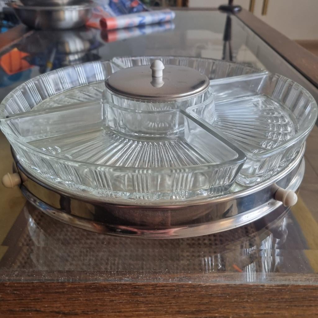 Vintage Glazen Draaiplateau Lazy Susan, Huis en Inrichting, Gebruikt, Schaal, Rond, Ophalen of Verzenden