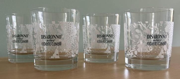 Vier Disaronno wears Roberto Cavalli glazen, limited edition, Verzamelen, Glas en Borrelglaasjes, Zo goed als nieuw, Borrel- of Shotglas