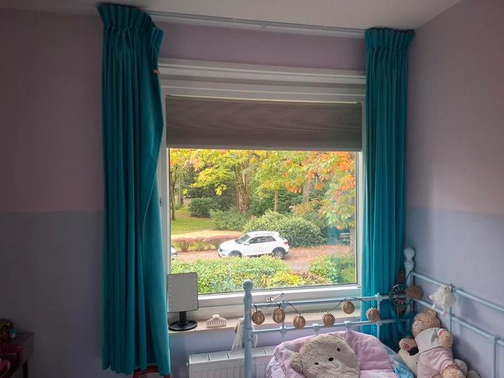 Gordijnen velours, turquoise, lang en kort, Huis en Inrichting, Stoffering | Gordijnen en Lamellen, Gebruikt, 150 tot 200 cm, 150 tot 200 cm