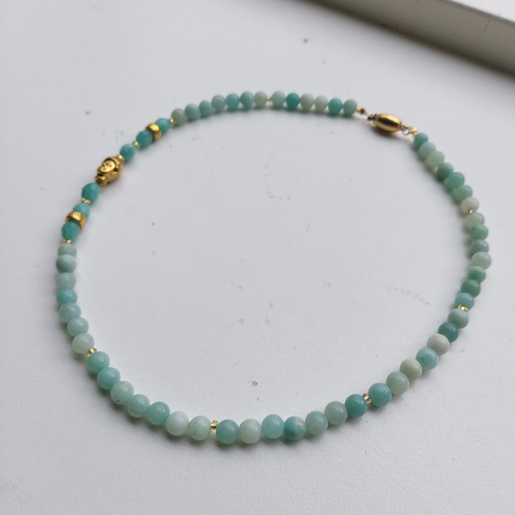 Mooie nieuwe ketting van Amazoniet, goudkleurige Boeddha, Nieuw, Ophalen of Verzenden, Steen of Mineraal, Met edelsteen