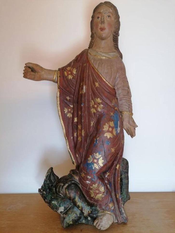 Zeer zeldzaam Antiek houten beeld van een heilige op draak, Antiek en Kunst, Antiek | Religie, Ophalen