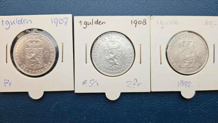 Zilveren Guldens Wilhelmina (1892, 1907, 1908), Postzegels en Munten, Munten | Nederland, 1 gulden, Koningin Wilhelmina, Ophalen of Verzenden