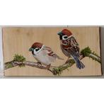 Schilderij mussen op hout voor huis of tuin, Ophalen of Verzenden, Nieuw