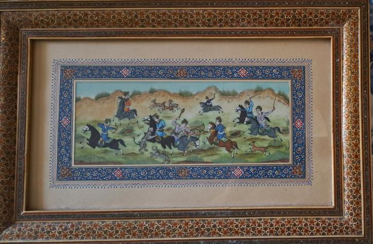 Perzisch miniatuur van jachtpartij, Antiek en Kunst, Kunst | Niet-Westerse kunst, Ophalen
