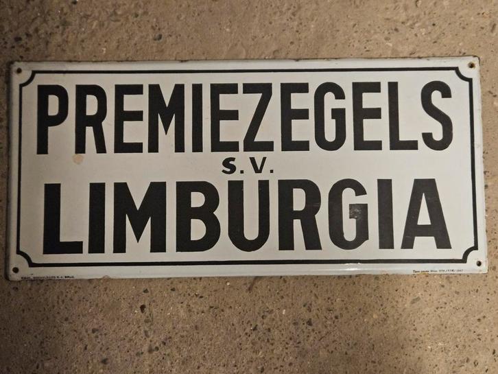 Emaille Reclamebord Limburgia Premiezegels, Antiek en Kunst, Antiek | Emaille, Ophalen of Verzenden