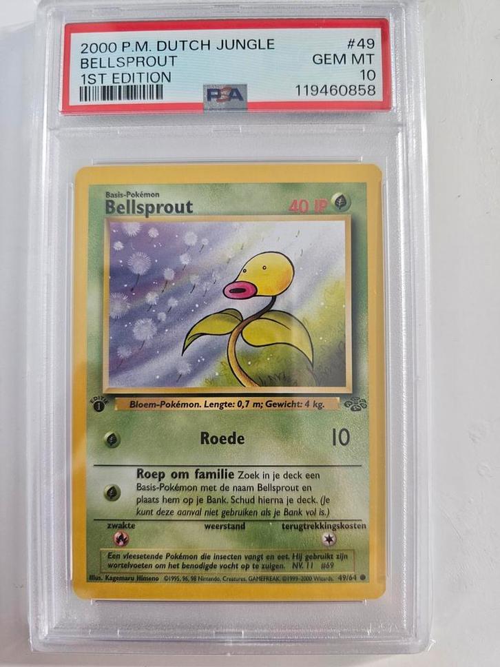 Bellsprout Jungle 1st Edition PSA 10, Hobby en Vrije tijd, Verzamelkaartspellen | Pokémon, Zo goed als nieuw, Losse kaart, Ophalen of Verzenden