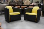 2 x stoere fauteuil Aviator leer zwart & geel modern design, Huis en Inrichting, Gebruikt, Leer, Ophalen