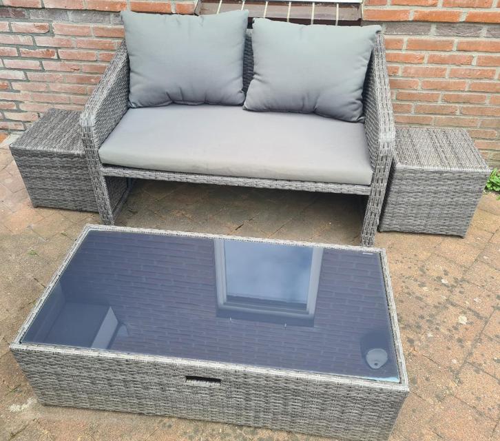 Mooie tuinset: tweezitsbank, tafeltje, 2 krukjes en kussens, Tuin en Terras, Tuinsets en Loungesets, Zo goed als nieuw, Tuinset