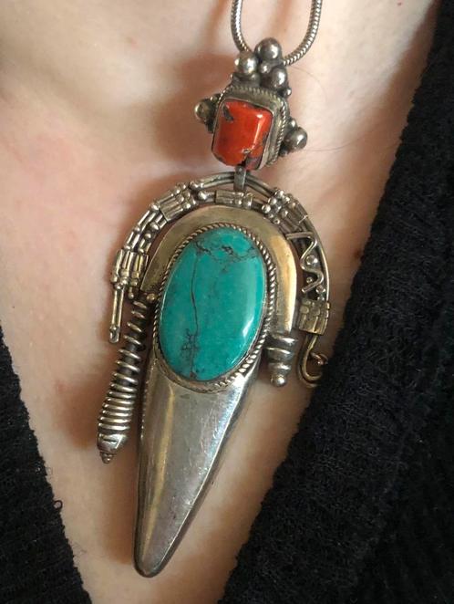 Turkoois  Navajo Unieke Grote Hanger Zilver Etnisch koraal, Sieraden, Tassen en Uiterlijk, Kettinghangers, Gebruikt, Zilver, Overige voorstellingen