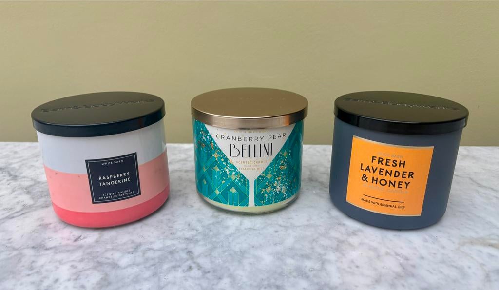 Weinig gebruikte Bad & Body Works Kaarsen €5,-, Overige materialen, Ophalen of Verzenden, Zo goed als nieuw, Grijs