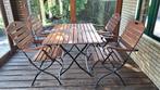 Teak en gietijzeren bistro tafel met 4 stoelen, Ophalen, 4 zitplaatsen, Gebruikt, Teakhout