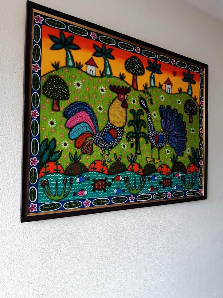 Kleurrijk Schilderij met Hanen en Landschap, Antiek en Kunst, Kunst | Schilderijen | Klassiek, Ophalen of Verzenden