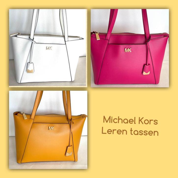 3 Michael Kors tassen, leer, Ultra pink, White, Mari Gold, Sieraden, Tassen en Uiterlijk, Tassen | Damestassen, Zo goed als nieuw