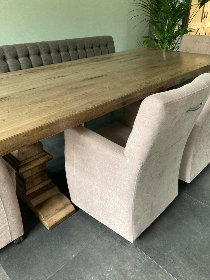 4 Gecapitonneerde Eetkamerstoelen Taupe/Beige, Huis en Inrichting, Stoelen, Gebruikt, Vier, Stof, Overige kleuren, Ophalen