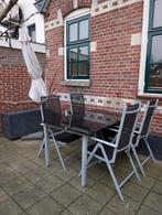 Tuinset met parasol & voet, opbergbox (Eibergen!), Tuin en Terras, Ophalen, 4 zitplaatsen, Aluminium, Zo goed als nieuw