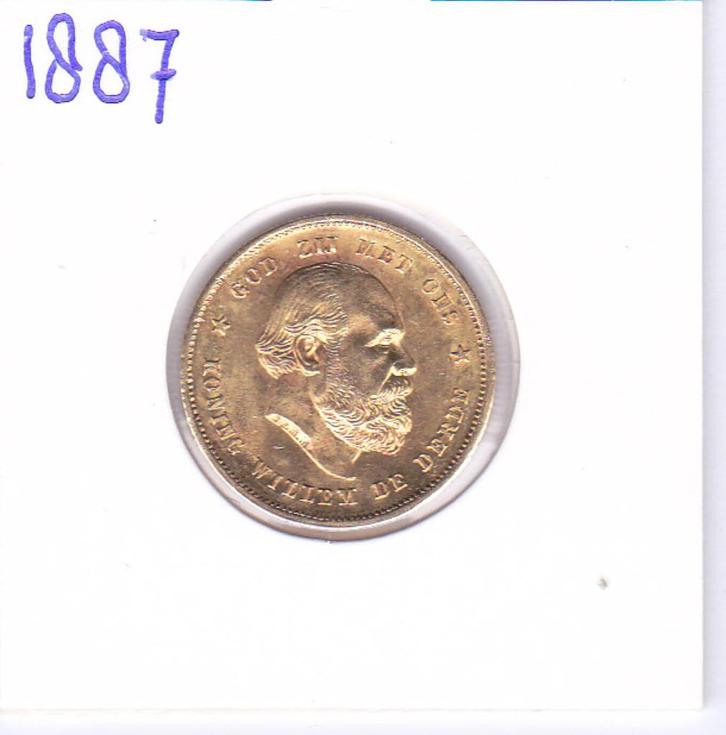 Schaars gouden tientje 1887 Willem 3, Postzegels en Munten, Munten | Nederland, Losse munt, 10 gulden, Koning Willem III, Goud