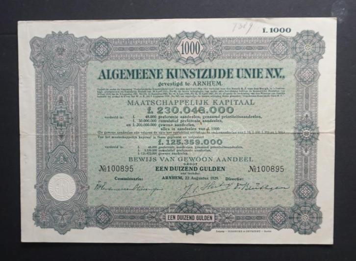 Algemeene Kunstzijde Unie (AKU--->Akzo Nobel) - 1929, Postzegels en Munten, Aandelen en Waardepapieren, Aandeel, 1920 tot 1950