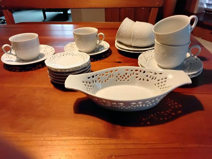 (Hight tea) thee servies 6 delig wit kantrandje Mitterteich, Huis en Inrichting, Keuken | Servies, Nieuw, Compleet servies, Overige stijlen