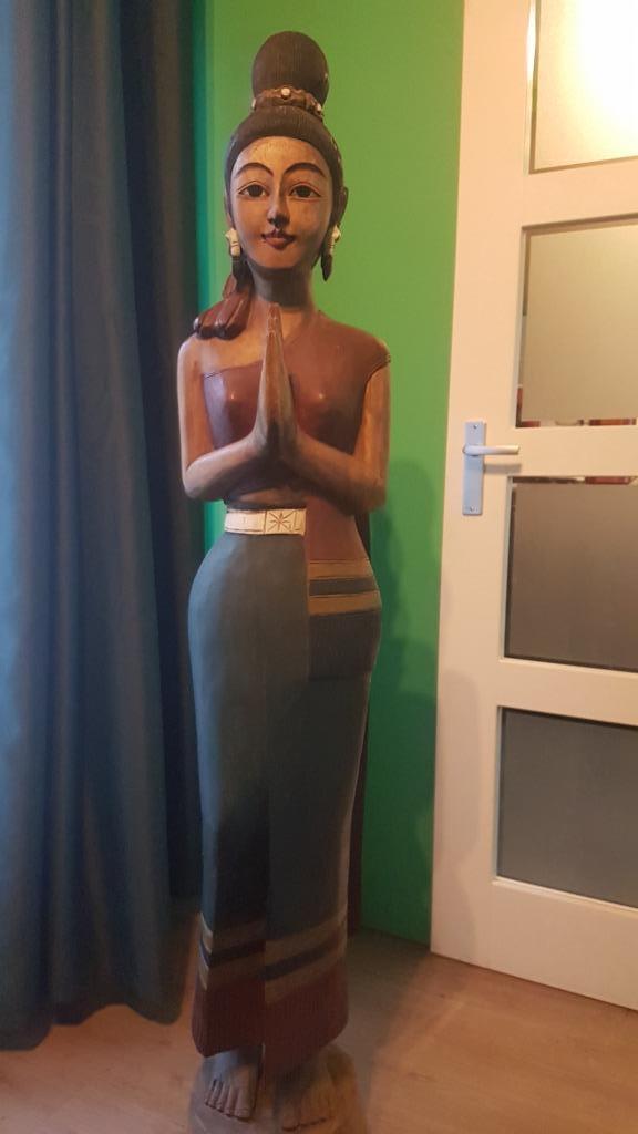 Groot Houten Sawadee Beeld Thailand 155 cm, Antiek en Kunst, Kunst | Beelden en Houtsnijwerken, Ophalen of Verzenden