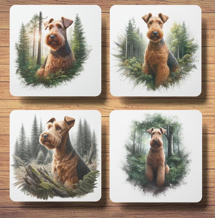 Airedale Terriër Bos onderzetters met houder, Huis en Inrichting, Woonaccessoires | Onderzetters, Nieuw, Glas of Kopje, Ophalen of Verzenden