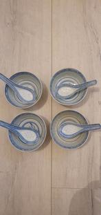 Chinese rijstkommen met lepels - blauw-wit, 4 stuks, Gebruikt, Ophalen of Verzenden, Kom(men), Overige stijlen