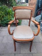 Vintage Houten Armstoel met Stoffen Bekleding, Huis en Inrichting, Stoelen, Hout, Gebruikt, Bruin, Vintage
