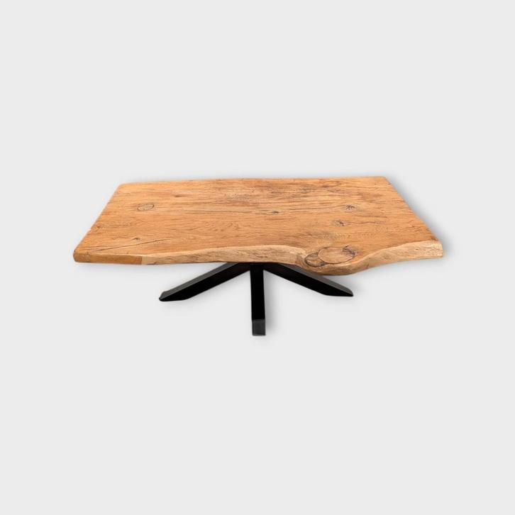 Eikenblad salontafel met metalen kruispoot, Huis en Inrichting, Tafels | Salontafels, Zo goed als nieuw, Minder dan 50 cm, 50 tot 100 cm