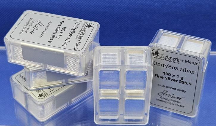 (9724) HEIMERLE & MEULE BOX 100 ZILVER BAARTJES VAN 1 GRAM, Postzegels en Munten, Edelmetalen en Baren, Zilver, Ophalen of Verzenden