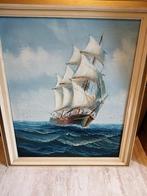 ZELDZAAM MOOI GEDETAILLEERD WERK SCHIP OP WOESTE ZEE 58X49CM, Antiek en Kunst, Kunst | Schilderijen | Klassiek, Ophalen of Verzenden