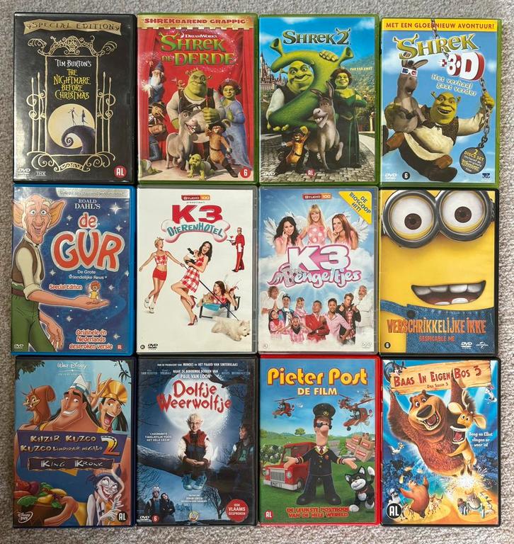 Dvd’s kinderfilms oa K3, Shrek 1,2&3, Dolfje Weerwolfje, GVR, Cd's en Dvd's, Dvd's | Kinderen en Jeugd, Zo goed als nieuw, Film