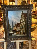 Hollandse School - Straatgezicht met koets., Antiek en Kunst, Kunst | Schilderijen | Klassiek, Ophalen of Verzenden