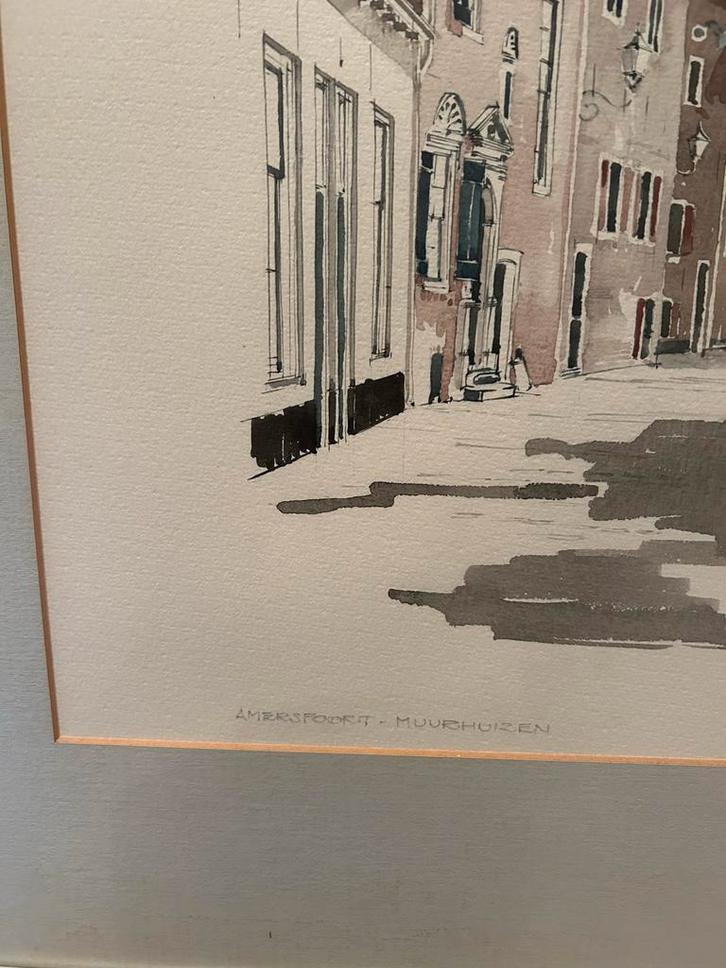 Aquarel Amersfoort - Muurhuizen-Plompetoren, Antiek en Kunst, Kunst | Tekeningen en Foto's, Ophalen of Verzenden