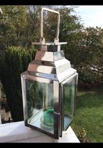 Mooie RVS lantaarn met handvat en vier glazen ruitjes metaal, Ophalen of Verzenden, Metaal, Minder dan 25 cm
