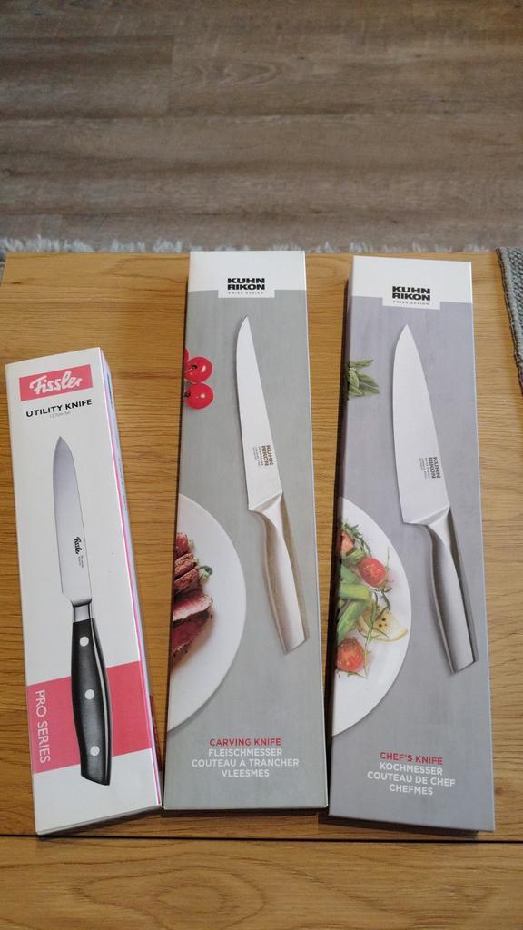 Nieuwe Fissler, Kuhn Rikon messen te koop, Huis en Inrichting, Keuken | Bestek, Nieuw, Rvs of Chroom, Ophalen