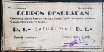 Sumatra Revolutie Noodbiljet voor R.1,- Djambi 1947